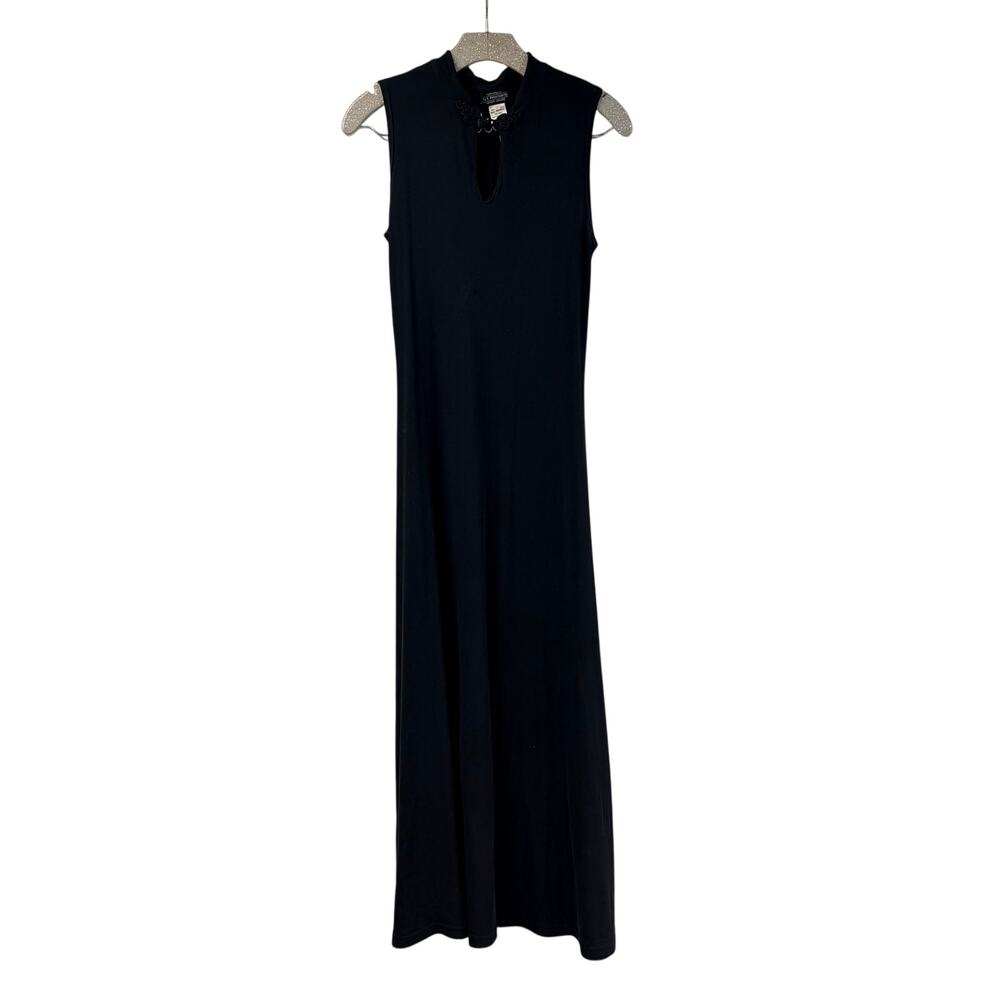 The J Peterman Co Full Length Black Dress Italy 100% Cotton Knot Frog Collar